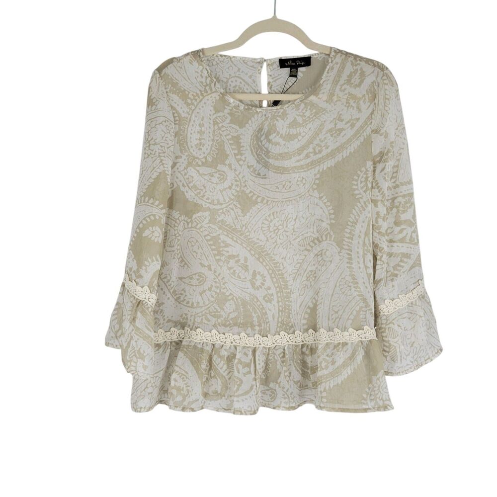 Melissa Paige Top M Beige Cream Paisley Print Blouse Flared Bell Sleeve Lace NWT